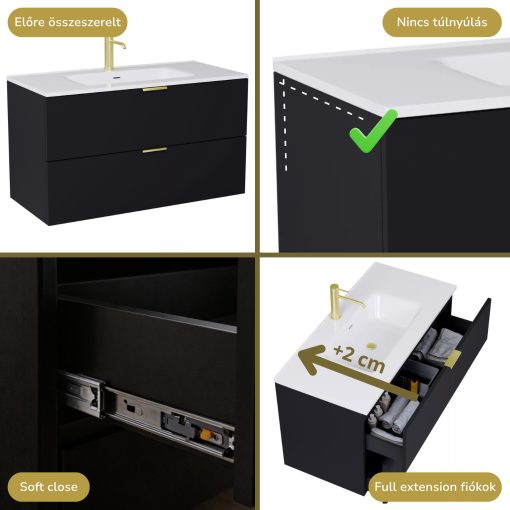 HD Palermo Matt Black 100 komplett fürdőszoba bútor szett fali mosdószekrénnyel, szálcsiszolt arany fogantyúkkal, fényes fehér slim mosdóval, tükörrel és magasszekrénnyel