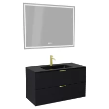 HD Palermo Matt Black 100 komplett fürdőszoba bútor fali mosdószekrénnyel, szálcsiszolt arany fogantyúkkal, matt fekete slim mosdóval és tükörrel