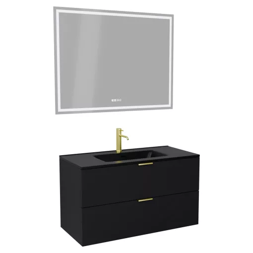 HD Palermo Matt Black 100 komplett fürdőszoba bútor fali mosdószekrénnyel, szálcsiszolt arany fogantyúkkal, matt fekete slim mosdóval és tükörrel