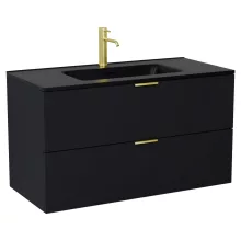 HD Palermo Matt Black 100 komplett fürdőszoba bútor fali mosdószekrénnyel, szálcsiszolt arany fogantyúkkal, matt fekete slim mosdóval és tükörrel
