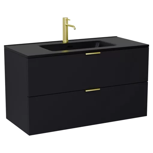 HD Palermo Matt Black 100 komplett fürdőszoba bútor fali mosdószekrénnyel, szálcsiszolt arany fogantyúkkal, matt fekete slim mosdóval és tükörrel