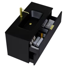 HD Palermo Matt Black 100 komplett fürdőszoba bútor fali mosdószekrénnyel, szálcsiszolt arany fogantyúkkal, matt fekete slim mosdóval és tükörrel