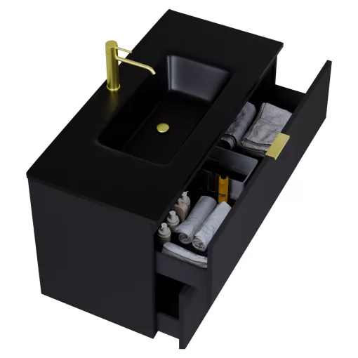 HD Palermo Matt Black 100 komplett fürdőszoba bútor fali mosdószekrénnyel, szálcsiszolt arany fogantyúkkal, matt fekete slim mosdóval és tükörrel