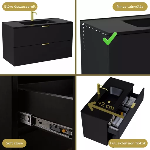 HD Palermo Matt Black 100 komplett fürdőszoba bútor fali mosdószekrénnyel, szálcsiszolt arany fogantyúkkal, matt fekete slim mosdóval és tükörrel