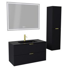 HD Palermo Matt Black 100 komplett fürdőszoba bútor szett fali mosdószekrénnyel, szálcsiszolt arany fogantyúkkal, matt fekete slim mosdóval, tükörrel és magasszekrénnyel