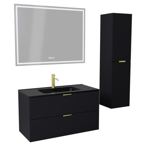 HD Palermo Matt Black 100 komplett fürdőszoba bútor szett fali mosdószekrénnyel, szálcsiszolt arany fogantyúkkal, matt fekete slim mosdóval, tükörrel és magasszekrénnyel