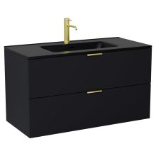 HD Palermo Matt Black 100 komplett fürdőszoba bútor szett fali mosdószekrénnyel, szálcsiszolt arany fogantyúkkal, matt fekete slim mosdóval, tükörrel és magasszekrénnyel