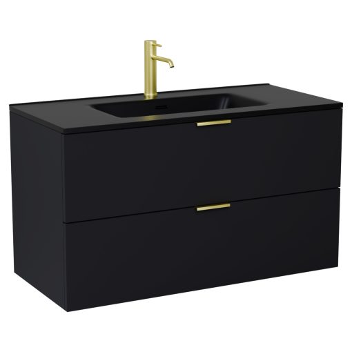 HD Palermo Matt Black 100 komplett fürdőszoba bútor szett fali mosdószekrénnyel, szálcsiszolt arany fogantyúkkal, matt fekete slim mosdóval, tükörrel és magasszekrénnyel