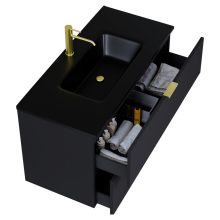 HD Palermo Matt Black 100 komplett fürdőszoba bútor szett fali mosdószekrénnyel, szálcsiszolt arany fogantyúkkal, matt fekete slim mosdóval, tükörrel és magasszekrénnyel