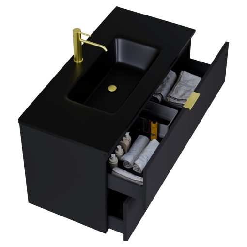 HD Palermo Matt Black 100 komplett fürdőszoba bútor szett fali mosdószekrénnyel, szálcsiszolt arany fogantyúkkal, matt fekete slim mosdóval, tükörrel és magasszekrénnyel