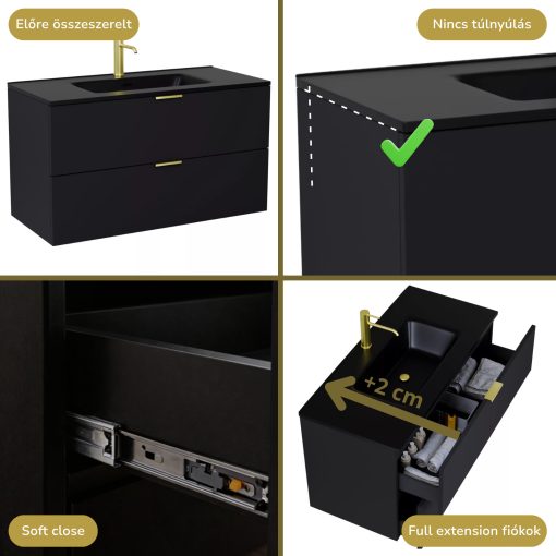 HD Palermo Matt Black 100 komplett fürdőszoba bútor szett fali mosdószekrénnyel, szálcsiszolt arany fogantyúkkal, matt fekete slim mosdóval, tükörrel és magasszekrénnyel