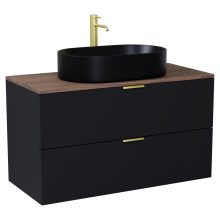 HD Salerno Matt Black 100 fali mosdószekrény tölgyfa színű mosdópulttal és szálcsiszolt arany fogantyúkkal