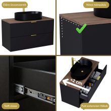 HD Salerno Matt Black 100 fali mosdószekrény tölgyfa színű mosdópulttal és szálcsiszolt arany fogantyúkkal