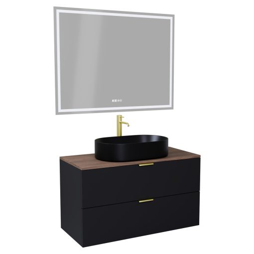 HD Salerno Matt Black 100 komplett fürdőszoba bútor fali mosdószekrénnyel, szálcsiszolt arany fogantyúkkal, tölgyfa színű mosdópulttal és tükörrel