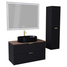 HD Salerno Matt Black 100 komplett fürdőszoba bútor szett fali mosdószekrénnyel, szálcsiszolt arany fogantyúval, tölgyfa színű mosdópulttal, tükörrel és magasszekrénnyel