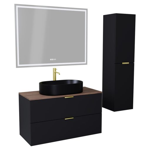 HD Salerno Matt Black 100 komplett fürdőszoba bútor szett fali mosdószekrénnyel, szálcsiszolt arany fogantyúval, tölgyfa színű mosdópulttal, tükörrel és magasszekrénnyel