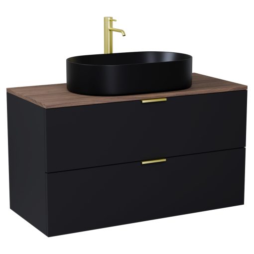 HD Salerno Matt Black 100 komplett fürdőszoba bútor szett fali mosdószekrénnyel, szálcsiszolt arany fogantyúval, tölgyfa színű mosdópulttal, tükörrel és magasszekrénnyel