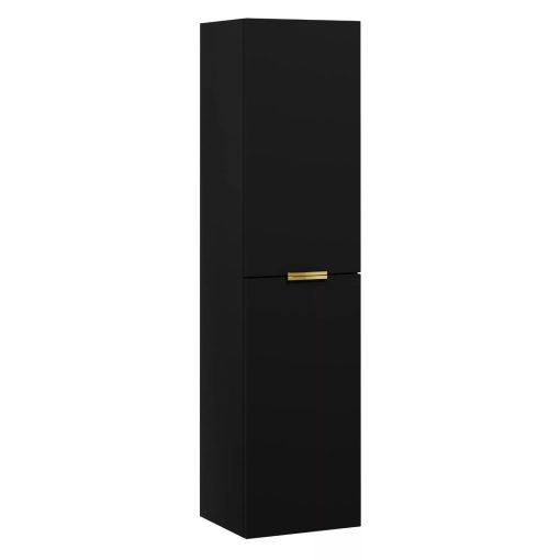 HD Salerno Matt Black 100 komplett fürdőszoba bútor szett fali mosdószekrénnyel, szálcsiszolt arany fogantyúval, tölgyfa színű mosdópulttal, tükörrel és magasszekrénnyel