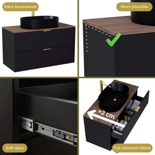 HD Salerno Matt Black 100 komplett fürdőszoba bútor szett fali mosdószekrénnyel, szálcsiszolt arany fogantyúval, tölgyfa színű mosdópulttal, tükörrel és magasszekrénnyel