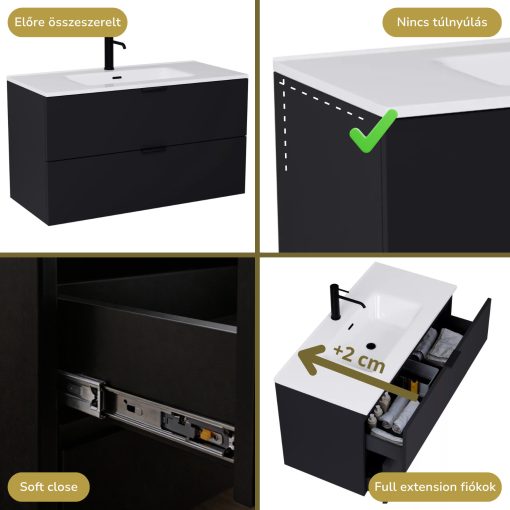 HD Palermo Matt Black 100 komplett fürdőszoba bútor fali mosdószekrénnyel, matt fekete fogantyúkkal, fényes fehér slim mosdóval és tükörrel