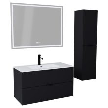 HD Palermo Matt Black 100 komplett fürdőszoba bútor szett fali mosdószekrénnyel, matt fekete fogantyúkkal, fényes fehér slim mosdóval, tükörrel és magasszekrénnyel