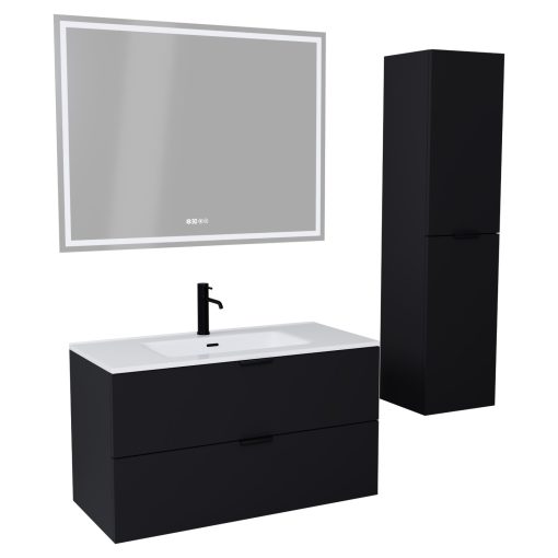 HD Palermo Matt Black 100 komplett fürdőszoba bútor szett fali mosdószekrénnyel, matt fekete fogantyúkkal, fényes fehér slim mosdóval, tükörrel és magasszekrénnyel
