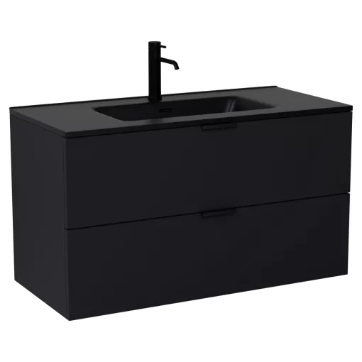 HD Palermo Matt Black 100 fali mosdószekrény matt fekete fogantyúkkal és matt fekete slim mosdóval