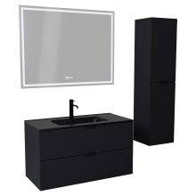 HD Palermo Matt Black 100 komplett fürdőszoba bútor szett fali mosdószekrénnyel, matt fekete fogantyúkkal, matt fekete slim mosdóval, tükörrel és magasszekrénnyel