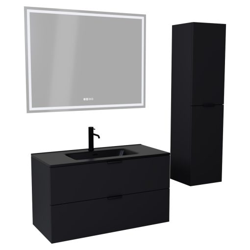 HD Palermo Matt Black 100 komplett fürdőszoba bútor szett fali mosdószekrénnyel, matt fekete fogantyúkkal, matt fekete slim mosdóval, tükörrel és magasszekrénnyel