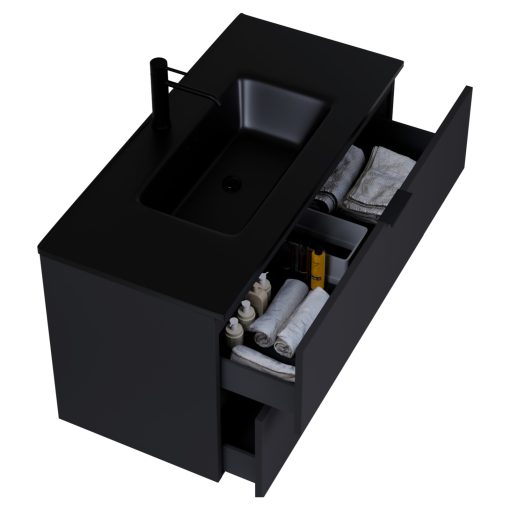 HD Palermo Matt Black 100 komplett fürdőszoba bútor szett fali mosdószekrénnyel, matt fekete fogantyúkkal, matt fekete slim mosdóval, tükörrel és magasszekrénnyel