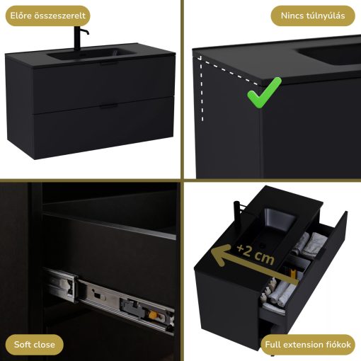HD Palermo Matt Black 100 komplett fürdőszoba bútor szett fali mosdószekrénnyel, matt fekete fogantyúkkal, matt fekete slim mosdóval, tükörrel és magasszekrénnyel