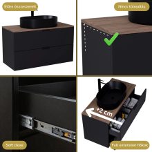 HD Salerno Matt Black 100/120 fali mosdószekrény tölgyfa színű mosdópulttal és matt fekete fogantyúkkal