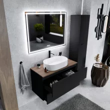 HD Salerno Matt Black 100/120 fali mosdószekrény tölgyfa színű mosdópulttal és matt fekete fogantyúkkal