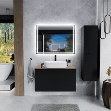 HD Salerno Matt Black 100/120 fali mosdószekrény tölgyfa színű mosdópulttal és matt fekete fogantyúkkal