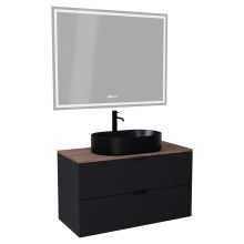 HD Salerno Matt Black 100/120 komplett fürdőszoba bútor fali mosdószekrénnyel, matt fekete fogantyúkkal, tölgyfa színű mosdópulttal és tükörrel