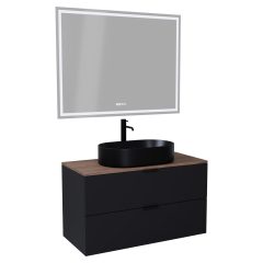   HD Salerno Matt Black 100/120 komplett fürdőszoba bútor fali mosdószekrénnyel, matt fekete fogantyúkkal, tölgyfa színű mosdópulttal és tükörrel