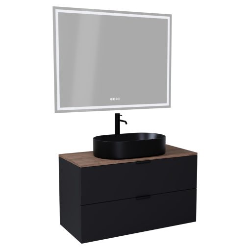 HD Salerno Matt Black 100/120 komplett fürdőszoba bútor fali mosdószekrénnyel, matt fekete fogantyúkkal, tölgyfa színű mosdópulttal és tükörrel