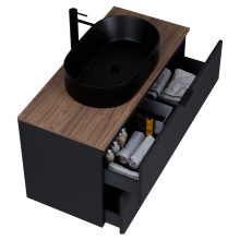 HD Salerno Matt Black 100/120 komplett fürdőszoba bútor fali mosdószekrénnyel, matt fekete fogantyúkkal, tölgyfa színű mosdópulttal és tükörrel