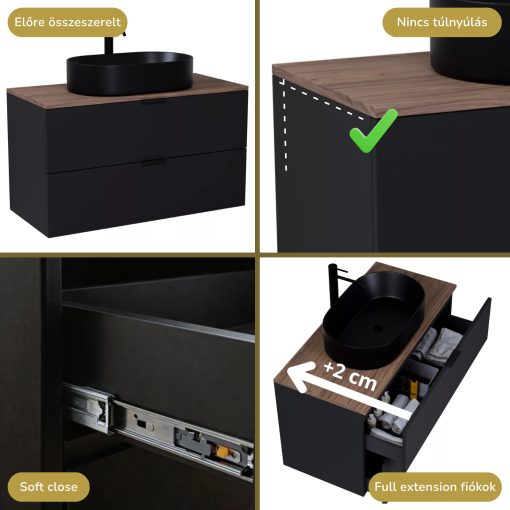 HD Salerno Matt Black 100/120 komplett fürdőszoba bútor szett fali mosdószekrénnyel, matt fekete fogantyúval, tölgyfa színű mosdópulttal, tükörrel és magasszekrénnyel