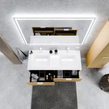 HD Parma Hickory 120 komplett fürdőszoba bútor szett fali mosdószekrénnyel, matt fehér fogantyúkkal, fényes fehér slim mosdóval, tükörrel és magasszekrénnyel