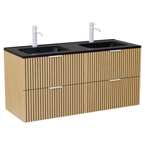 HD Parma Hickory 120 fali mosdószekrény matt fehér fogantyúkkal és matt fekete slim mosdóval