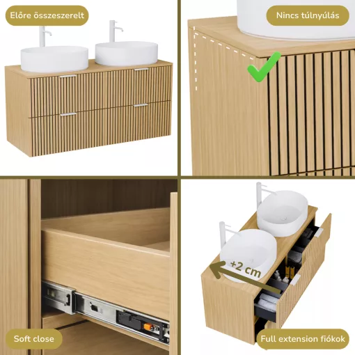 HD Palma Hickory 120 fali mosdószekrény hikoridió színű mosdópulttal és matt fehér fogantyúkkal