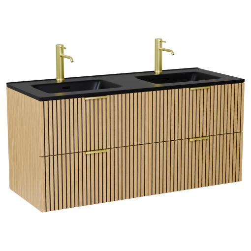HD Parma Hickory 120 fali mosdószekrény szálcsiszolt arany fogantyúkkal és matt fekete slim mosdóval