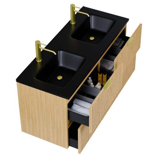 HD Parma Hickory 120 fali mosdószekrény szálcsiszolt arany fogantyúkkal és matt fekete slim mosdóval