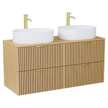 HD Palma Hickory 120 komplett fürdőszoba bútor fali mosdószekrénnyel, hikoridió színű mosdópulttal, szálcsiszolt arany fogantyúkkal és tükörrel