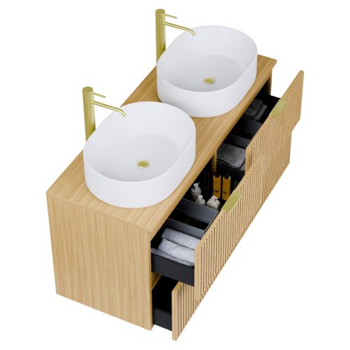 HD Palma Hickory 120 komplett fürdőszoba bútor fali mosdószekrénnyel, hikoridió színű mosdópulttal, szálcsiszolt arany fogantyúkkal és tükörrel