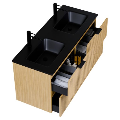 HD Parma Hickory 120 fali mosdószekrény matt fekete fogantyúkkal és matt fekete slim mosdóval