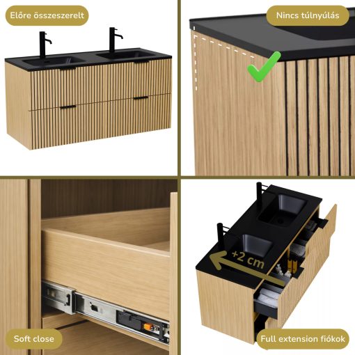 HD Parma Hickory 120 fali mosdószekrény matt fekete fogantyúkkal és matt fekete slim mosdóval