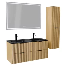 HD Parma Hickory 120 komplett fürdőszoba bútor szett fali mosdószekrénnyel, matt fekete fogantyúkkal, matt fekete slim mosdóval, tükörrel és magasszekrénnyel