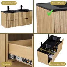HD Parma Hickory 120 komplett fürdőszoba bútor szett fali mosdószekrénnyel, matt fekete fogantyúkkal, matt fekete slim mosdóval, tükörrel és magasszekrénnyel
